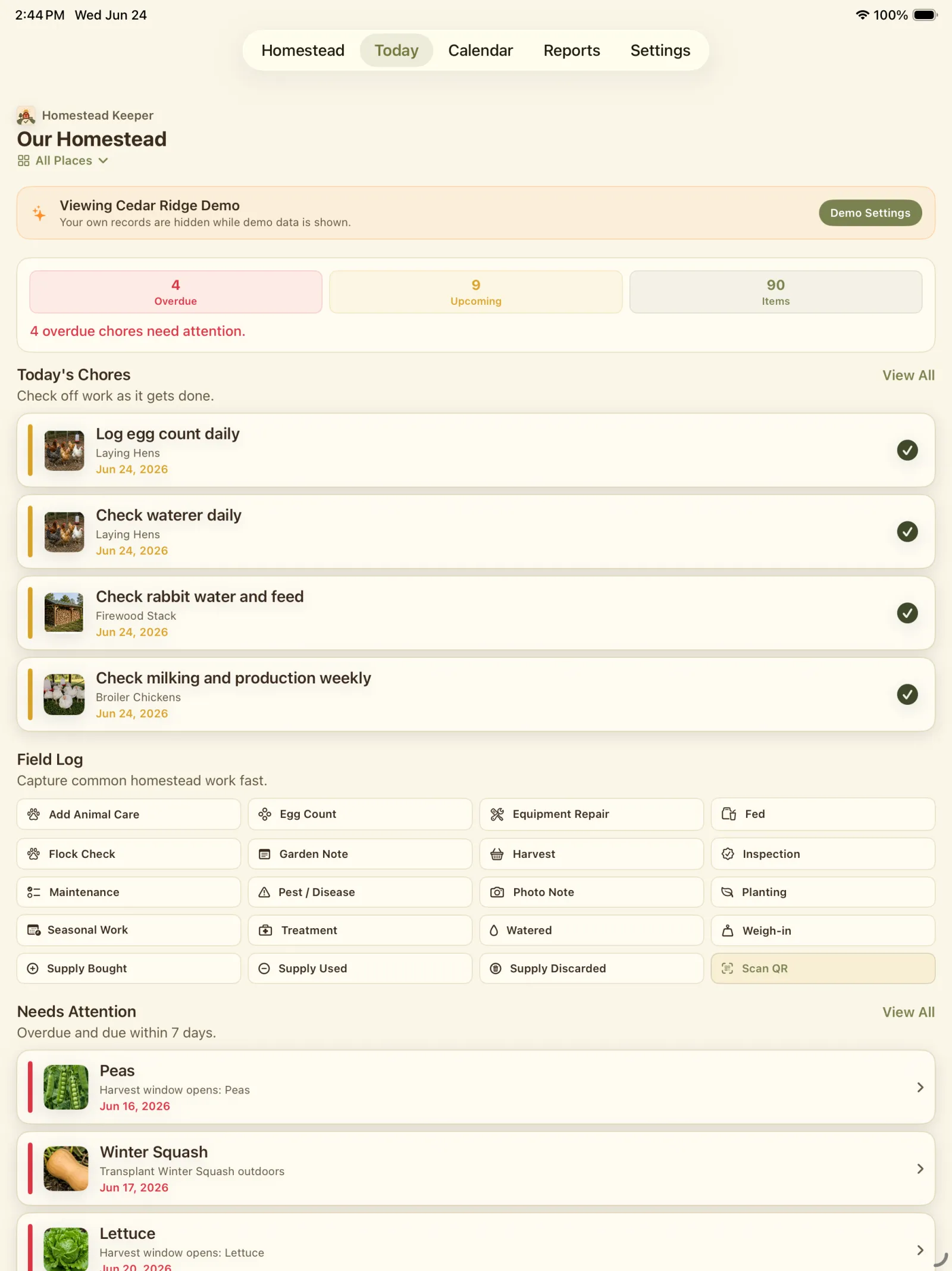 Homestead Keeper Today screen with overdue tasks, today chores, field log actions, recent reminders, and inventory alerts.